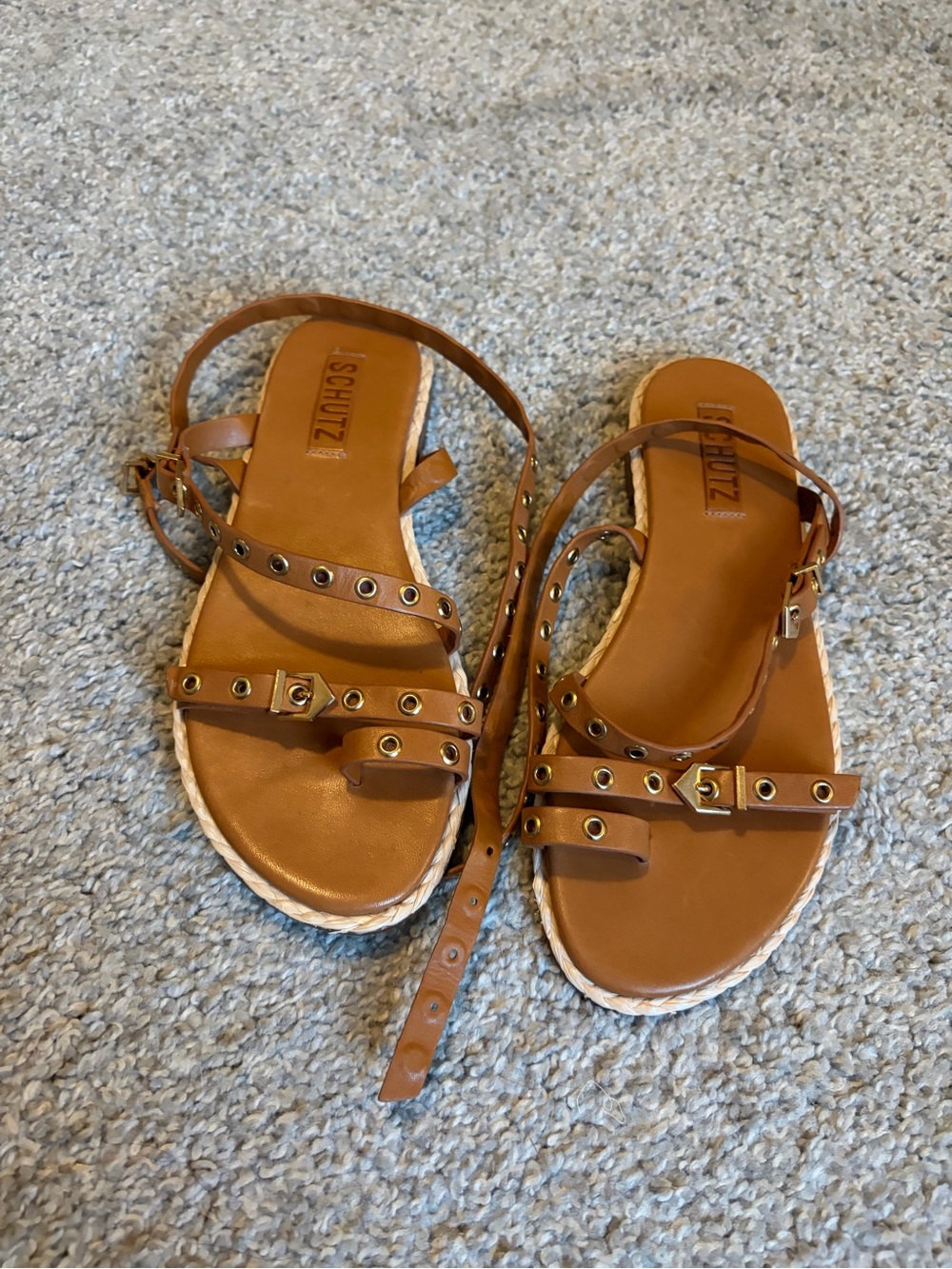SCHUTZ Annete Sandals - Tan Leather Grommet Sandals with Ankle Strap